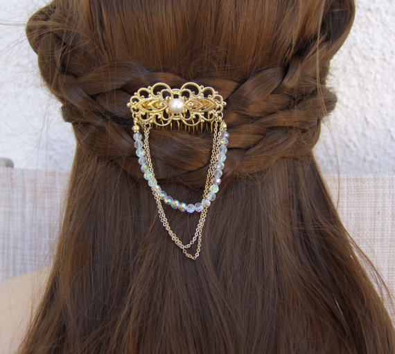 Hochzeit - Bridal Hair Comb, Gold Crystal Hair Comb, Romantic Hair Piece, Pearl Hair Comb , Hair Accessories, Wedding Hair Comb