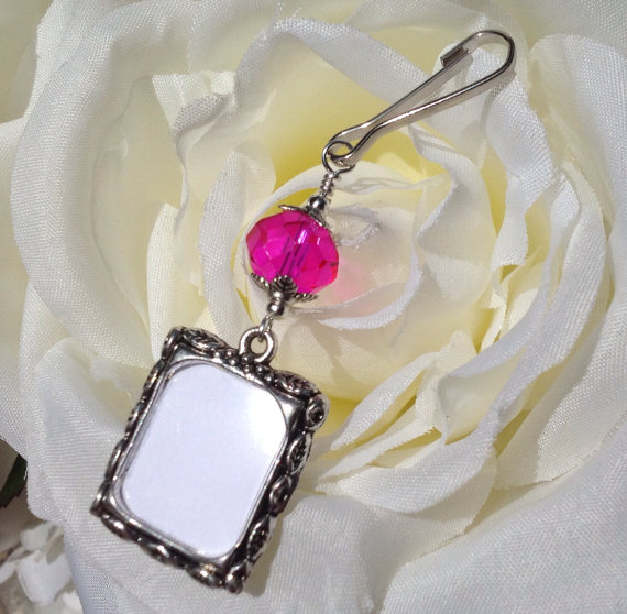 Wedding - Wedding bouquet photo charm. Memorial photo charm with hot pink crystal.