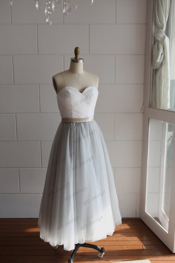زفاف - Strapless Ivory Lace Silver Grey Tulle Tea Length Short Wedding Dress/Bridesmaid Dress/Prom Dress
