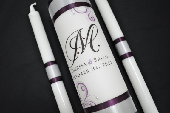 Wedding - Personalized Unity Candle with crystals and ribbon colors of choice