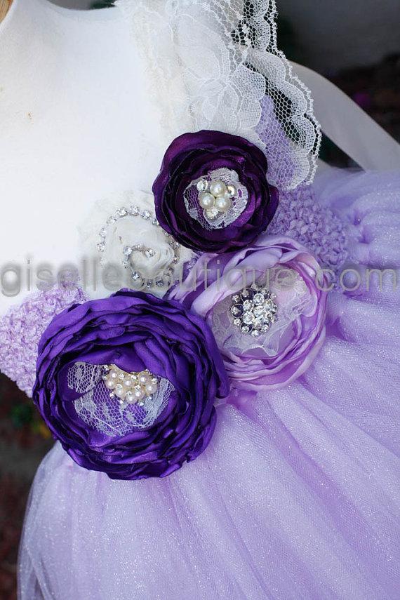 Hochzeit - Flower girl dress. Shimmer Lavender Flowers TuTu Dress with Handmade Flowers.