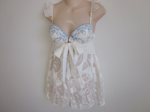 زفاف - Baby doll nightgown sexy lingerie bridal ivory white with panties - tags on  M L