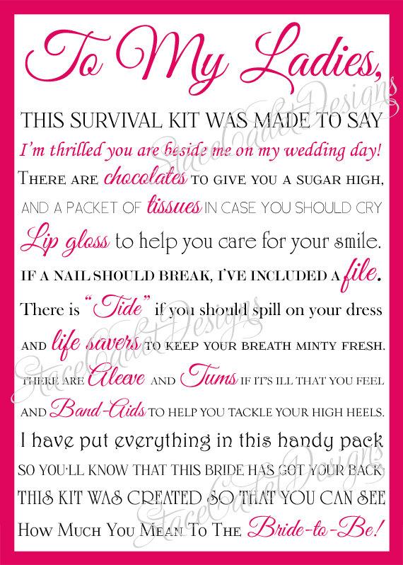Wedding - Custom Printable Bridesmaid Survival Kit Card Digital File