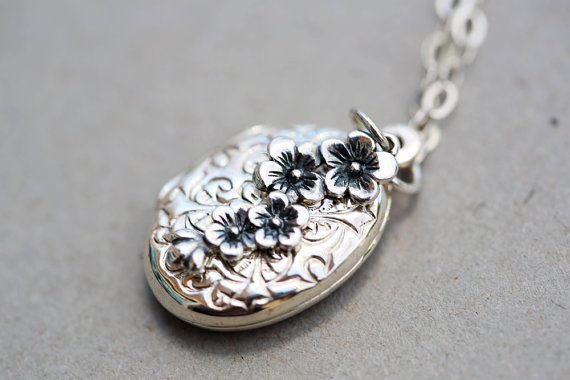 Wedding - Locket,Cherry Blossom Sterling Silver Oval Locket,Jewelry Gift,pendant,Wedding Jewelry, Flower Locket,Wedding Necklace