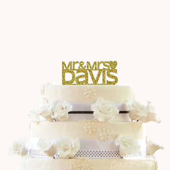 زفاف - Personalized Glitter Wedding Cake Topper - Monogram Initials Cake Topper - Gold Silver - Custom Last Name Wedding Cake Topper - Peachwik PT6