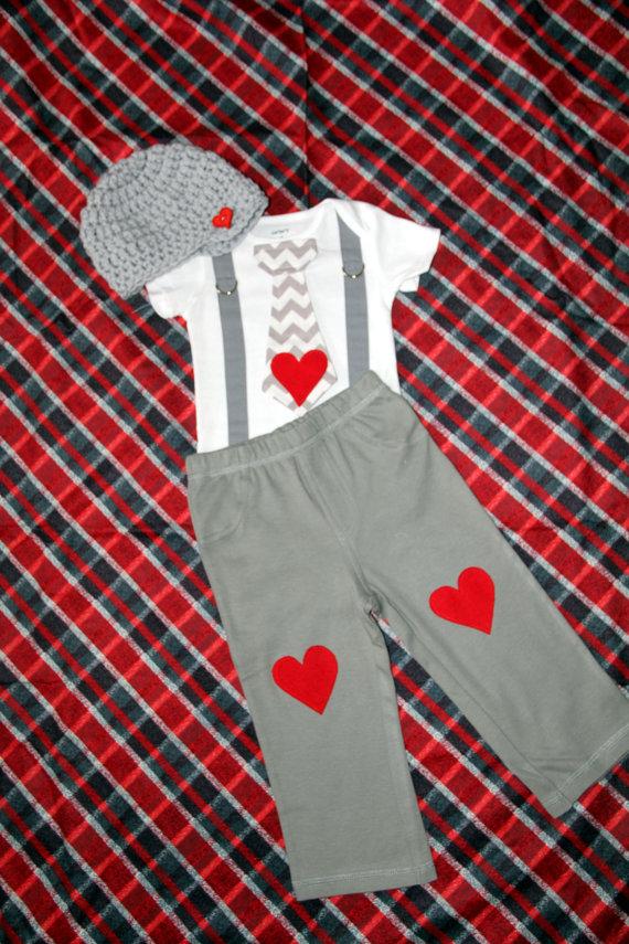 Hochzeit - Valentine's Boy Tie and Suspenders Bodysuit, GET THE SET, Red Heart Knee Patch Pants, Newsboy Hat Chevron Tie Suspenders 1st Birthday