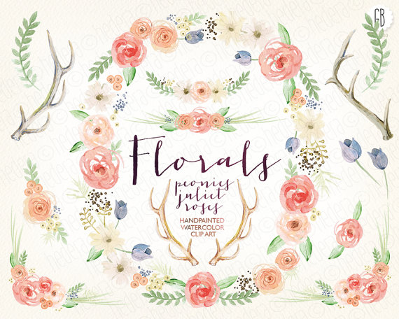 Mariage - Watercolor flower wreath, juliet roses, peonies, wedding flowers, antlers, bouquet florals, floral clip art, watercolor invite, invitation