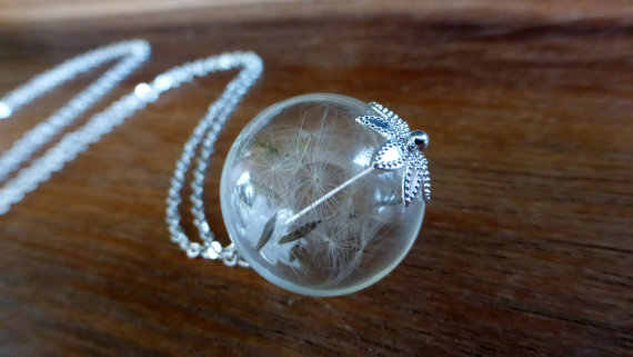 زفاف - Dandelion necklace in silver  Seeds jewelry  Botanical  beadwork   Make a wish   Real Dry flowers Weddings Bridesmaids gift Sterling silver