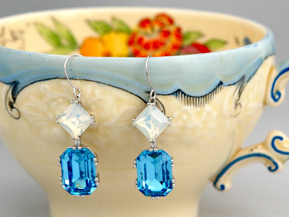 Mariage - White Opal & Aquamarine Crystal Drop Earrings, Dangle Earrings, Wedding Jewelry, Bridesmaid Jewelry, Graduation Gift, Valentines Day