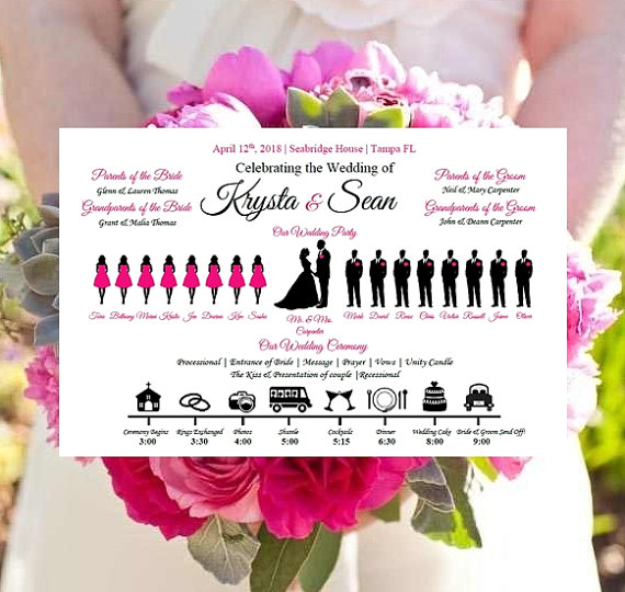 Свадьба - Wedding Silhouette Program Printable Horizontal diy - Choose Colors & Wedding Party Size - Add Timeline - Customized PDF File - Just Print