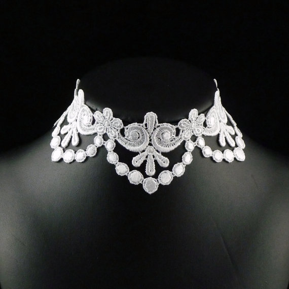 زفاف - White Lace Choker Necklace - Bridal, Wedding, Romantic, Victorian, Lingerie, Minimalist, Simple, Feminine