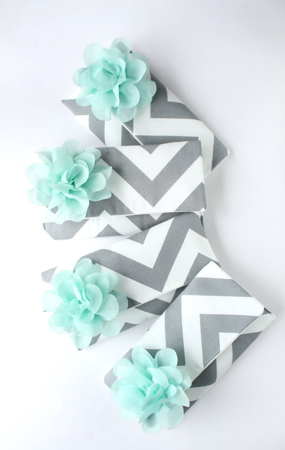 Hochzeit - Set of 6 Custom Chevron Bridesmaid Clutches in Mint and Gray, Bridal Party Bag in Your Wedding Colors