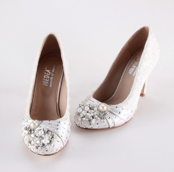 Wedding - Handmade Ivory lace pearl wedding shoes , party prom closed toe pumps heels