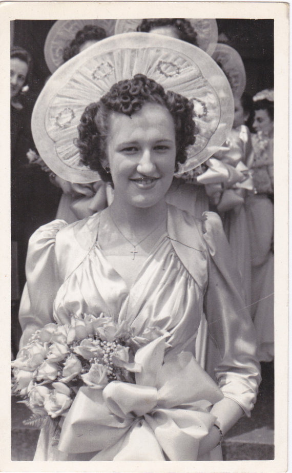 زفاف - Always the Bridesmaid- Woman in Satin Dress- Rose Bouquet- Chicago, Illinois- Wedding Candid- 1940s Vintage Photograph- Snapshot