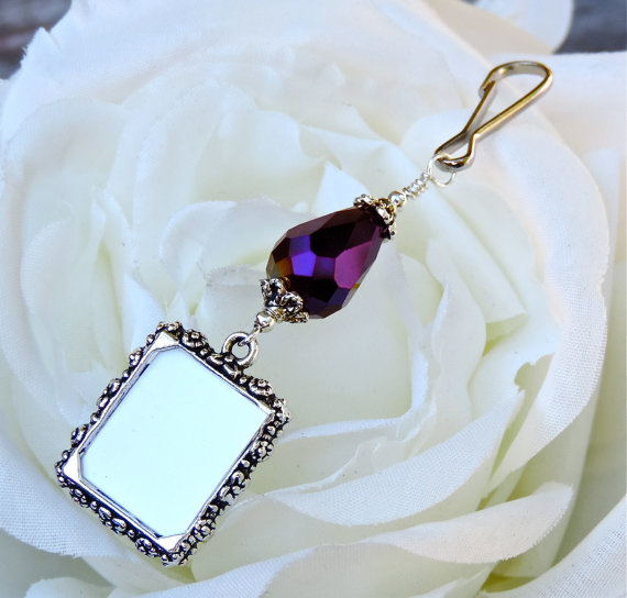 Wedding - Wedding bouquet photo charm with Purple Teardrop crystal. Memorial keepsake.