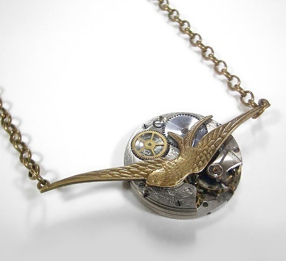 زفاف - Steampunk Jewelry Necklace Vintage Pocket Watch Victorian Bird Necklace Steam Punk Wedding Anniversary - Steampunk Jewelry by edmdesigns
