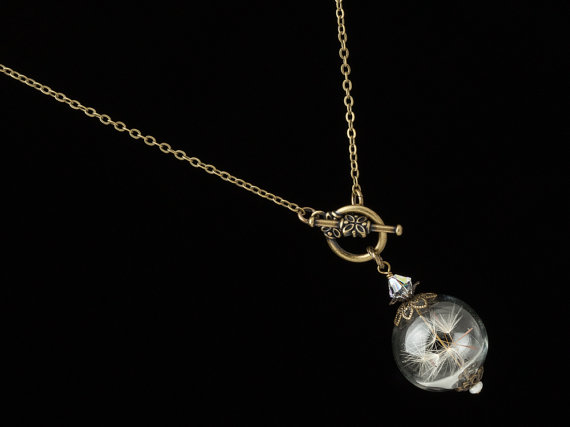 زفاف - Dandelion Necklace, dandelion seed glass orb, wish necklace, terrarium necklace, gold filigree pendant, crystal & pearl wedding jewelry Gift