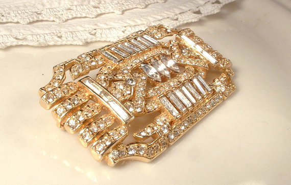Wedding - Hair Comb Or Sash Brooch,1920s Gold Art Deco Pave Rhinestone Bridal Pin / Hair Accessory, Large Edwardian Head Piece Vintage Gatsby Wedding