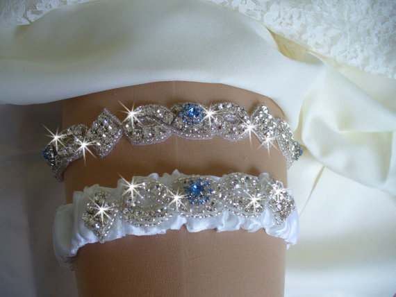 Hochzeit - Something Blue Wedding Garter Set, Bridal Garter Belts, Sapphire Birthstone Garter, Rhinestone Garter, Wedding Accessories, Wedding Garder