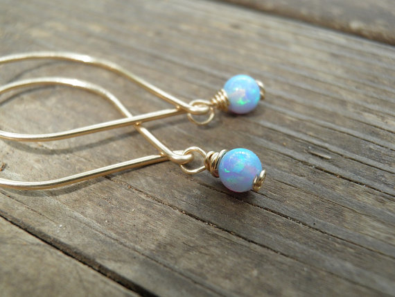 Mariage - Gold Opal Earrings, Tiny 4mm Unique Dungle Earrings, Blue Opal, White/Pink Opal Earrings, Statement Gift, October Birthstone, Bridal Jewelry