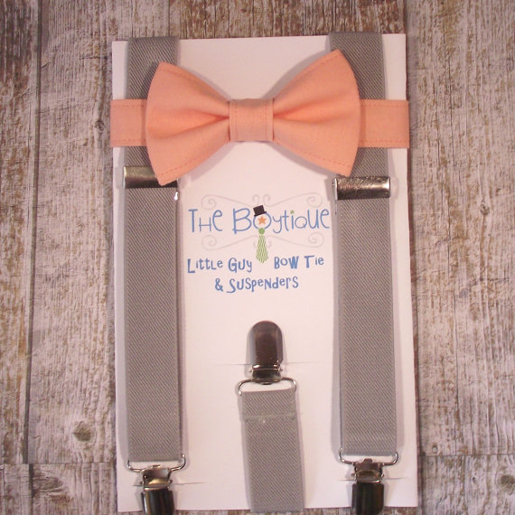 زفاف - Peach Bow Tie and Grey Suspenders, Toddler Suspenders, Baby Suspenders, Ring Bearer,