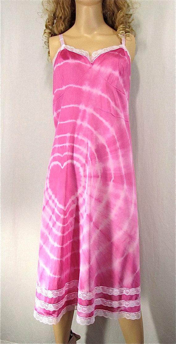 Wedding - Tie Dye Slip Dress 50 Plus Size Lingerie Upcycled Nightgown Hand Dyed Lingerie Festival Bridal Boho Hippie Sundress Pink Heart Valentines