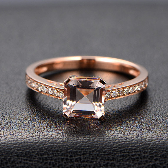 Mariage - Morganite with Diamonds Engagement Ring in 14K Rose Gold,6.5mm Asscher Cut VVS1 Morganite  Ring in 14K Rose/White/Yellow Gold, Wedding Ring