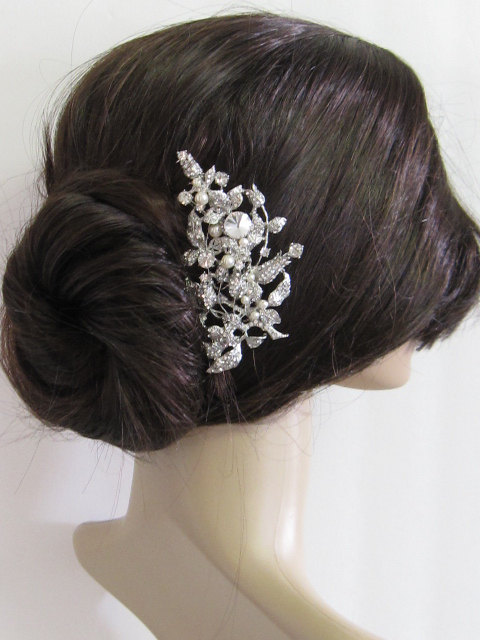 Свадьба - Large crystal hair comb,bridal hair comb, wedding brooch comb, bridal headpiece, bridal hair accessories, wedding pearl hair comb