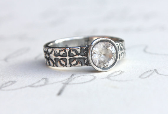 زفاف - white sapphire engagement ring . unique engagement ring . engraved tudor medieval engagement ring . ready to ship size 6 by peacesofindigo