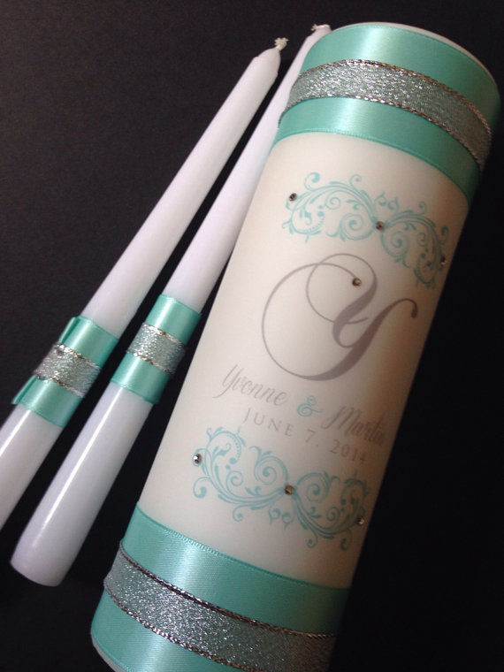 Mariage - Unity candle Set with crystals, Wedding Unity Candle, Unity Candle, Tiffany Blue Wedding