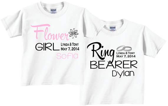 Mariage - Flower Girl and Ring Bearer Shirts with Dates and Ring Motif Tees