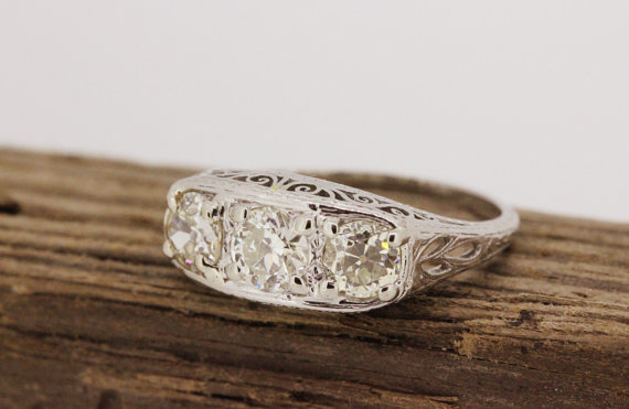 Wedding - SALE Antique Engagement Ring Art Deco Ring Edwardian Ring Platinum Ring Vintage Diamond Wedding Ring Estate Ring Filigree Ring Size 7.75