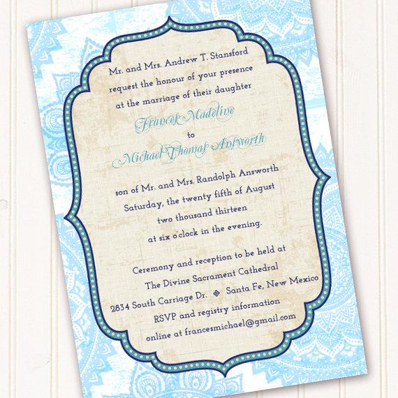 Mariage - blue Moroccan invitation, Moroccan party invitation, Indian invitation, IN213