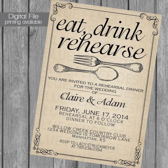 Wedding - Rehearsal dinner invitation, wedding dinner, dinner party, fork, spoon, kraft paper