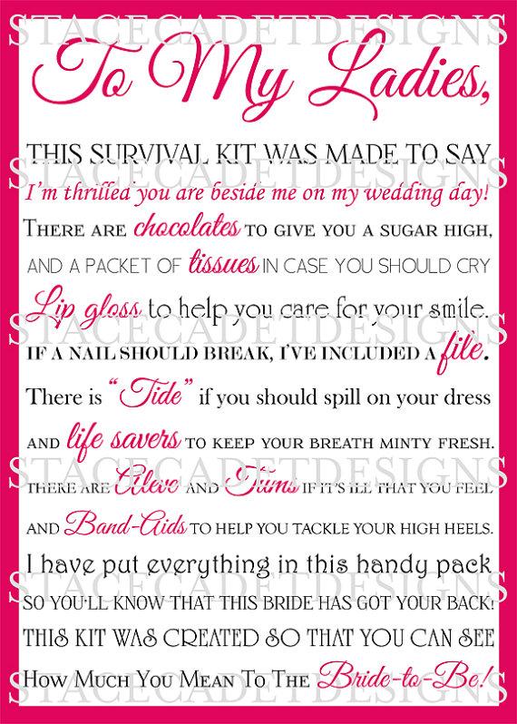 Hochzeit - INSTANT Download - Custom Printable Bridesmaid Survival Kit Digital File