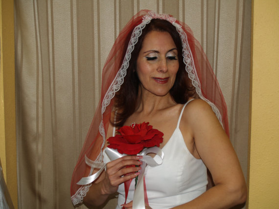 زفاف - Red Wedding Veil with white lace edging
