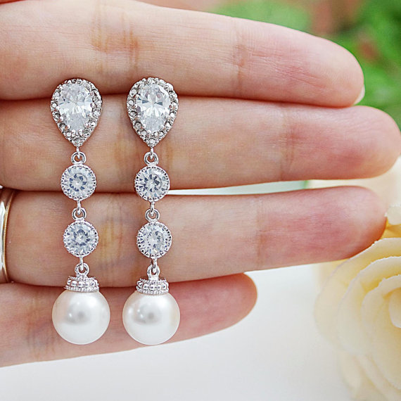 Свадьба - Weddings Bridesmaid Gift Bridal Jewelry Bridal Earrings Bridesmaid Earrings Swarovski Pearls and CZ connectors drop dangle earrings