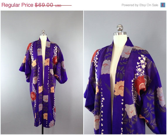 زفاف - SALE - Vintage Kimono / Wool Kimono Robe / Dressing Gown / Long Robe / Wedding Lingerie / Downton Abbey / Art Deco Kimono / Blue Floral Prin