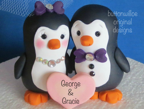 Hochzeit - Pudgy Penguin Wedding Cake Topper with Personalized Heart Gift Box Included