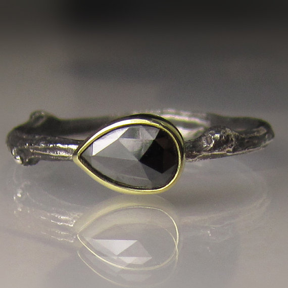 زفاف - Rose Cut Black Diamond Twig Ring - 18k Gold and Sterling Silver - Engagement Ring