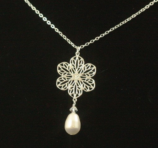 Mariage - Filigree Flower Bridal Necklace -- Swarovski Crystal Pearl Wedding Necklace, Bridesmaid Necklace, Wedding Colors, Wedding Jewelry -- FLEUR