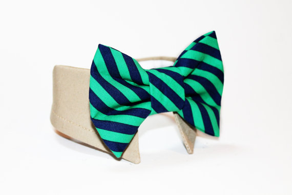 زفاف - dog bow tie- shirt and bow tie collar-  wedding dog tie- cat tie- pet tie- striped bow tie- green and navy
