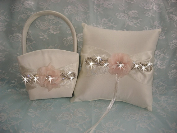 Свадьба - Crystal Wedding Pillow and Basket -  Rhinestones and Flowers Ivory or White  Ring Bearer Pillow, Flower Girl Basket Crystals