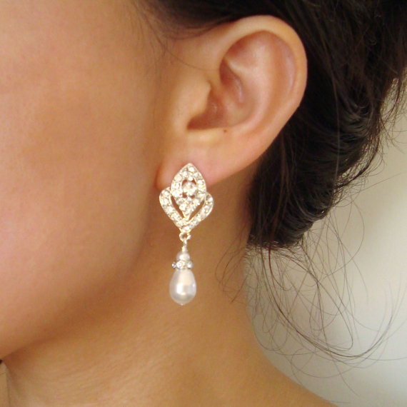 Wedding - Pearl Bridal Wedding Earrings, Vintage Style Bridal Earrings, Silver Earrings, Pearl Drop Earrings, Art Deco Style Bridal Jewelry, IVANA