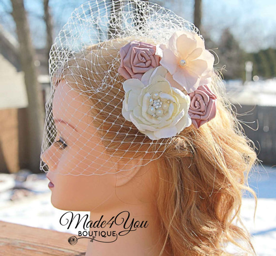 Mariage - 53 Different Colors - Champagne Blush Ivory Birdcage Veil-Champagne Bridal Fascinator-Wedding Headpiece