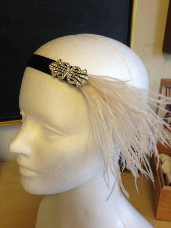 Hochzeit - ON SALE / 1920s Wedding Dress Headband, Ostrich Feather Headpiece Gatsby Headband