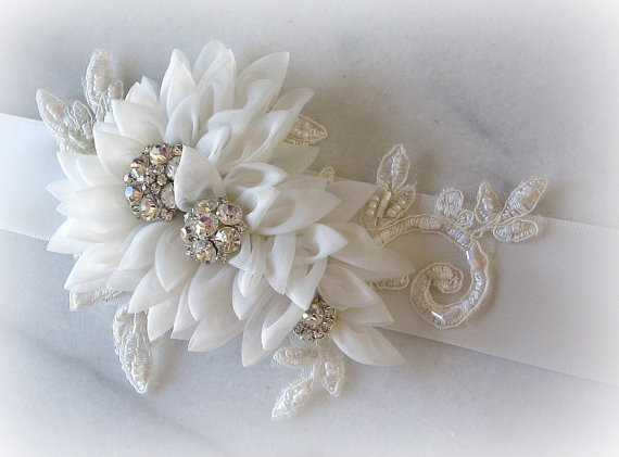 Mariage - Light Ivory Organza Sash -  Bridal Sash with Crystals and Lace