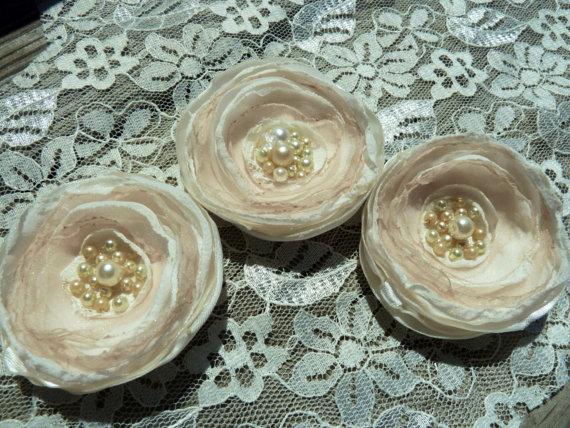 Hochzeit - Small Bridal Hair Flowers in Ivory and Champagne (Set of 3) with  Vintage Pearl Clusters, Satin, Chiffon and Organza