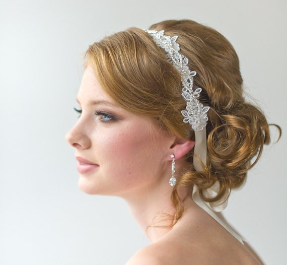 Wedding - Bridal Ribbon Headband -  Bridal Lace Headband