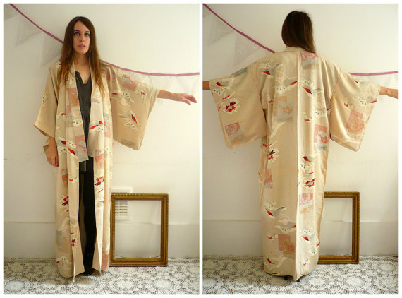 Mariage - Vintage Japanese Silk Deco Full Length Kimono Robe Duster Jacket